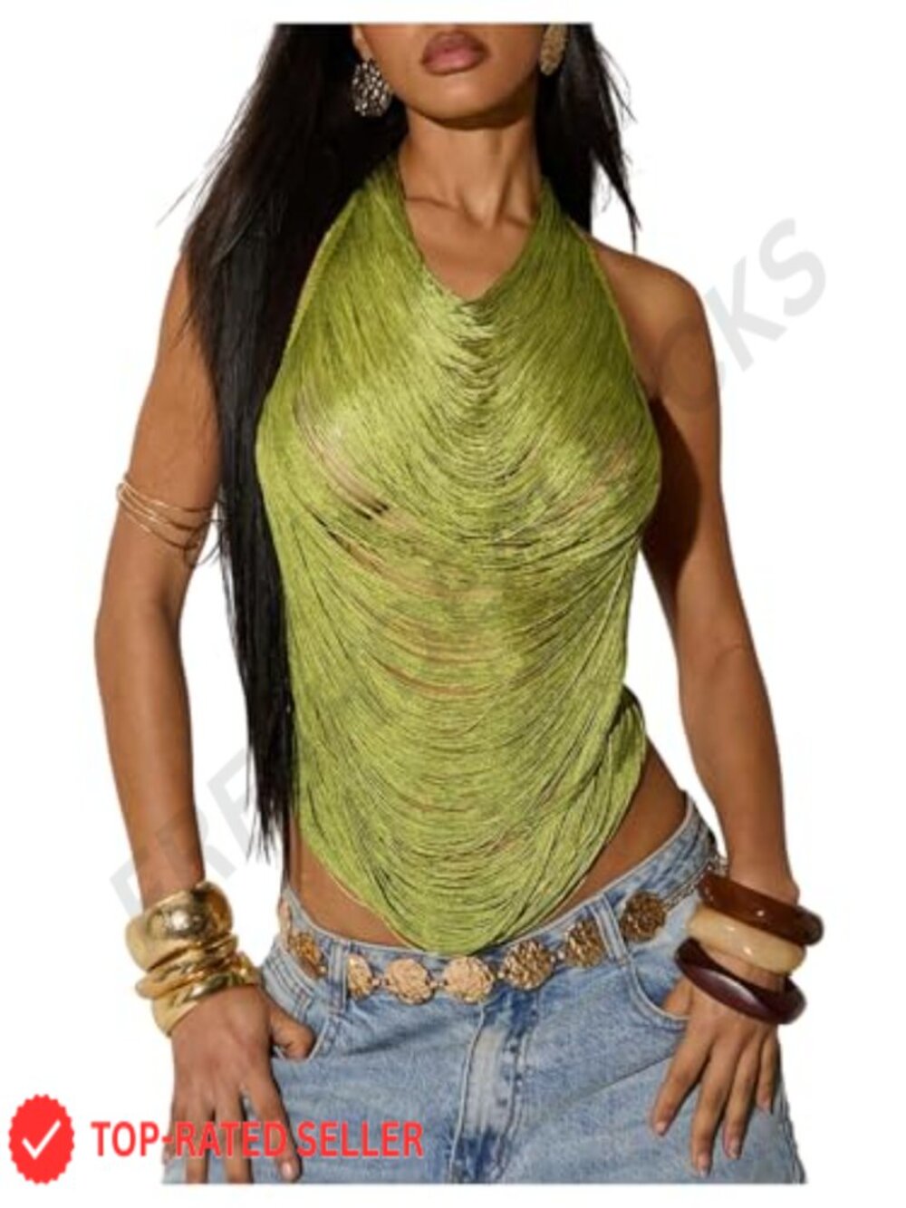 Women's Sleeveless Metallic Halter Fringe Draped Front Party Top